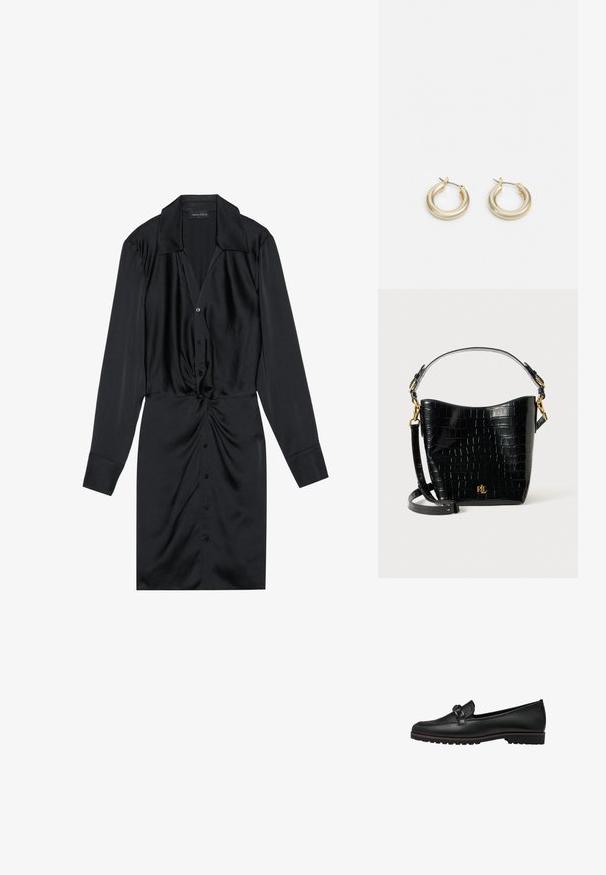 Black long-sleeved dress made of satin fabric. Features a button-down front, collar, and a twisted knot detail at the waist.; Black leather loafers with a braided accent on the front, flat rubber sole, and stitched detailing along the edge.; Black croc-embossed leather bag with a curved shape, gold hardware accents, an adjustable strap, and a logo detail at the front.; Lauren Ralph Lauren BASIC SMALL HOOP - Earrings - gold-coloured
