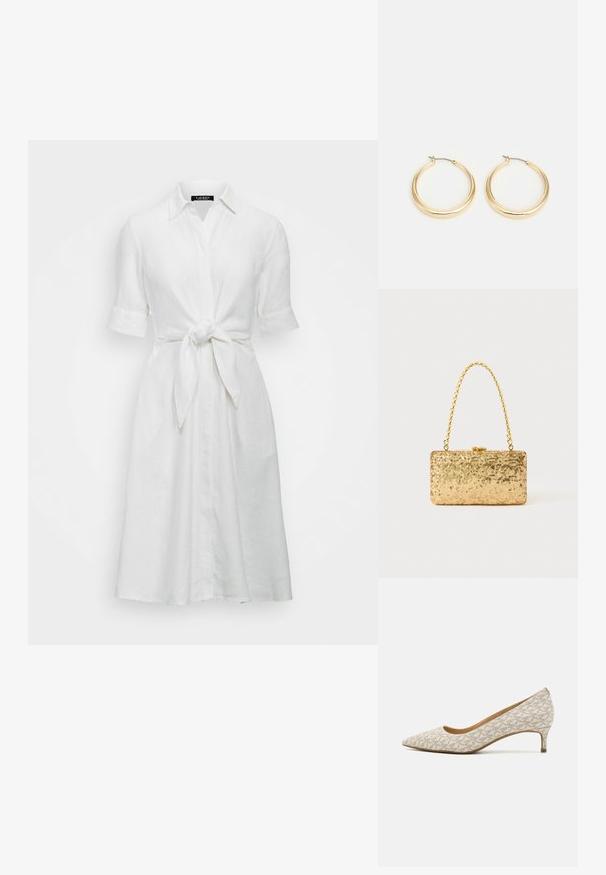 Vit linneskjortklänning med korta ärmar, krage och en knytning fram vid midjan, med en knapp-down design.; Pumps med spetsig tå i beige tyg med geometriskt mönster, med låg klack och smal silhuett. Slät yta och minimala detaljer.; Guldpaljetterad kuvertväska med rektangulär form, utrustad med ett vridet kedjehandtag och ett metallspänne, som reflekterar ljus med en strukturerad yta.; Guldtonade hoopsmycken med en mjuk, rund design, som har en tunn trådöppning och en polerad yta för ett glänsande utseende.
