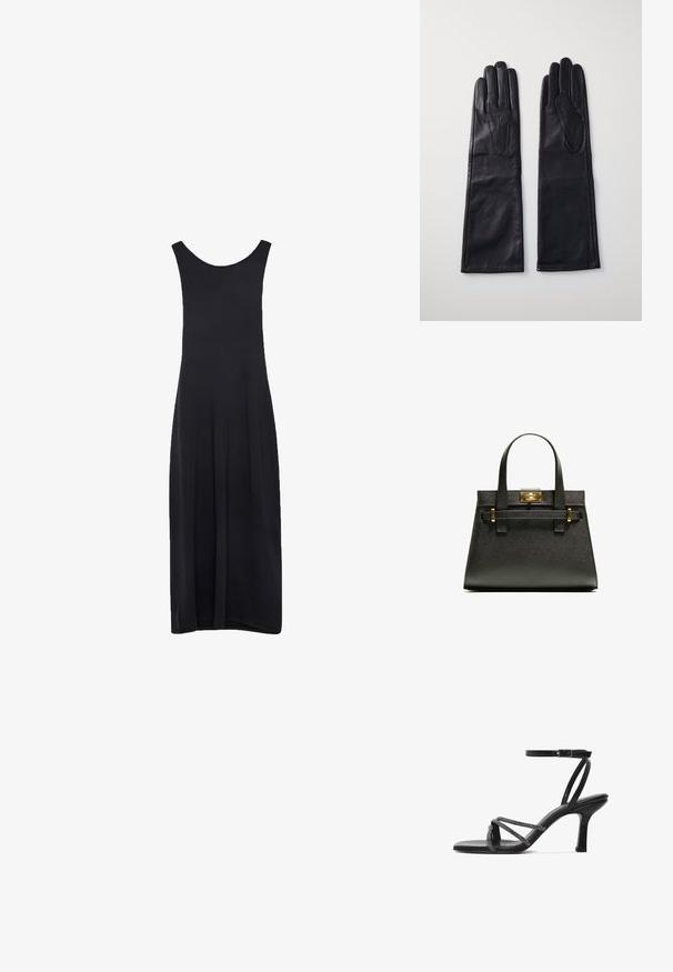 Black sleeveless maxi dress with a scoop neckline and a straight, flowing silhouette against a white background.; Black high-heeled sandal with an open toe, featuring crisscrossed straps adorned with small beads and an adjustable ankle strap.; Black textured tote bag with short handles, featuring a gold clasp and accents. The design is structured, with a geometric silhouette.; Anna Field LEATHER - Gloves - black