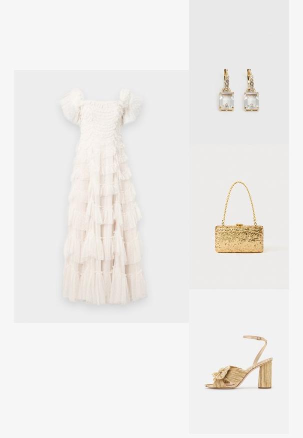 White tiered dress with a square neckline and puff sleeves. Made of sheer fabric with textured ruffles and small polka dots throughout.; Gold heeled sandals with a knotted front, pleated texture, and an ankle strap. The block heel has a ribbed design, enhancing grip.; Gold sequin clutch with a rectangular shape, featuring a twisted chain handle and a metal clasp closure, reflecting light with a textured finish.; Gold-tone earrings featuring a rectangular, clear crystal dangling below a row of small, round clear accents. Sleek, modern design.