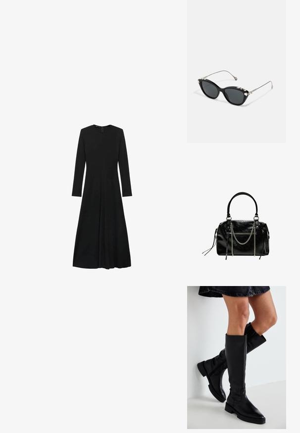 Rochie neagră cu mâneci lungi și decolteu rotund, cu un croi drept și fustă pliată. Fabricată dintr-un material neted și ușor.; Bocanci din piele neagră, până la genunchi, cu vârf ascuțit, talpă plată și cusături minime. Textură netedă și design simplu, fără embellishments.; Ochelari de soare negri cu lentile gri, având o ramă din metal și cristale decorative pe marginea superioară. Design minimalist cu linii elegante.; Bershka WITH CHAIN - Geantă de mână - black