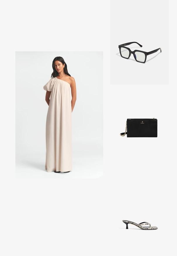 Abito maxi monospalla in tessuto beige chiaro, con scollatura arricciata, una vestibilità ampia e un design fluido che arriva fino al pavimento.; Mule aperte in bianco e nero con stampa a serpente, dotate di due cinturini sottili e un tacco basso rettangolare. Texture liscia con accenti lucidi.; Occhiali da sole neri con finitura opaca, dotati di lenti trasparenti e una leggera sfumatura blu su un lato. Design robusto e angolare.; Portafoglio in pelle nera con finitura testurizzata, dotato di un logo dorato e una tracolla a catena. Include una chiusura con zip e un design minimalista.