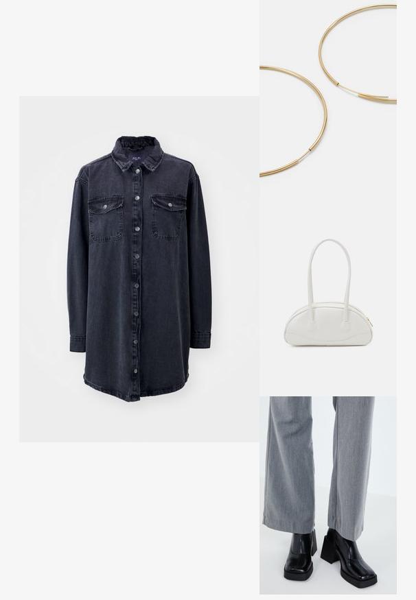 Camisa de mezclilla oscura con cuello, mangas largas, botones en la parte delantera y dos bolsillos en el pecho. Presenta un corte ligeramente holgado y un dobladillo curvado.; Botín negro de tacón con punta cuadrada, acabado en cuero suave y plataforma gruesa. Combinado con pantalones de pierna ancha en gris claro.; Even&Odd Bolso de mano - off-white; Pendientes de aro color dorado, delgados y redondos, con un acabado metálico suave y sin adornos ni patrones.