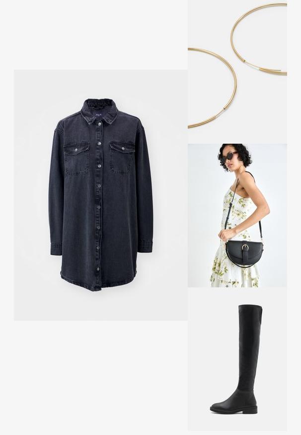 Temno modra denim srajca s ovratnikom, dolgimi rokavi, sprednjimi gumbi in dvema žepoma na prsih. Ima nekoliko ohlapen kroj in ukrivljen rob.; Črne nadkolenske škorne iz gladkega usnja s zaobljenim nosom, nizkim blok peto in kontrastnim šivom po zgornjem robu.; Črna usnjena torbica s ukrivljeno obliko, z odstranljivo naramnico in zlatimi dodatki. Torbica ima pokrov s podrobnostmi v obliki zaponke.; Zlate obroče ušesne uhane, tanke in krožne oblike, z gladko kovinsko površino brez okrasnih elementov ali vzorcev.