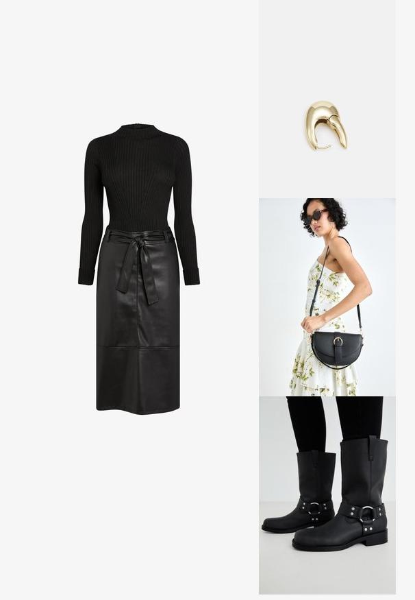 Musta ribbed neulepaita yhdistettynä mustaan nahkaiseen midi-hameeseen, jossa on sidottu vyö, sileä pinta ja minimalismi.; ONLY SHOES ONLBAX - Biker-/cowboysaappaat - black; Musta nahkainen käsilaukku, joka on kaareva muotoilultaan, irrotettavalla hihnalla ja kultaisilla yksityiskohdilla. Laukussa on läppä, jossa on solk yksityiskohta.; Kultahipuinen korvakoru, jossa on sulavalinjainen, kaareva muotoilu. Ominaisuuksiin kuuluu erottuva terävä muoto, kiillotettu pinta ja sarana kiinnitys.