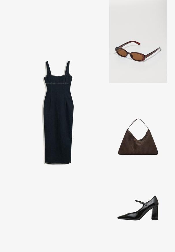 Abito in denim scuro aderente con scollo quadrato e spalline sottili, caratterizzato da cuciture sartoriali per una silhouette snella.; Pump in pelle verniciata nera con punta a punta e tacco medio a blocco. Presenta una cinghia regolabile alla caviglia con una fibbia in metallo.; Occhiali da sole rotondi con tonalità marrone, montatura lucida color bordeaux. Aste sottili con un sottile dettaglio del marchio. Design delle lenti piatte.; Borsa a tracolla in pelle intrecciata marrone con una forma triangolare morbida. Presenta una maniglia intrecciata e una chiusura con zip lungo la parte superiore.