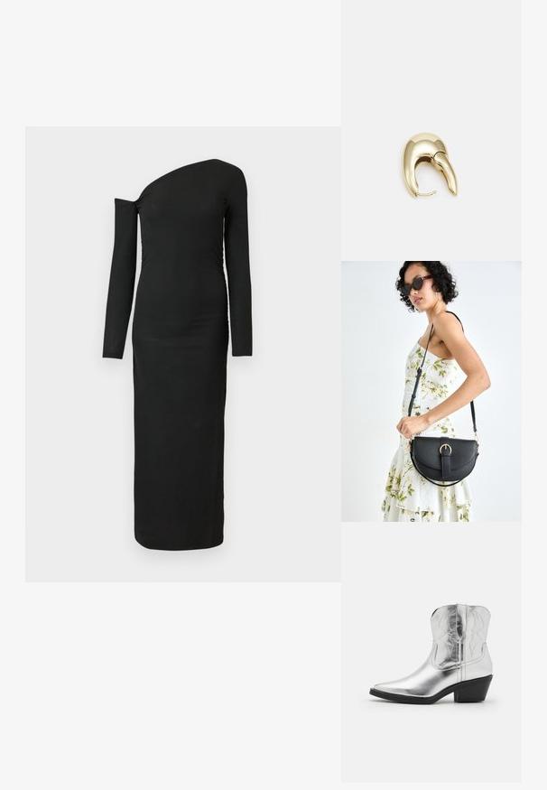 Černé, přiléhavé, dlouhé šaty s asymetrickým výstřihem a nabraným detailem na boku, vyrobené z ribbového materiálu.; Stříbrné kožené kovbojské boty s špičatou špičkou, prošívaným detailem na svršku a středním černým podpatkem. Hladký a lesklý povrch.; Černá kožená kabelka s křivkovým tvarem, odnímatelným popruhem a zlatými detaily. Kabelka má klopu s přezkou.; Náušnice ve zlatém tónu z kovu s elegantním zakřiveným designem. Vyznačují se jedinečným špičatým tvarem, lesklým povrchem a závěsem na kloub.