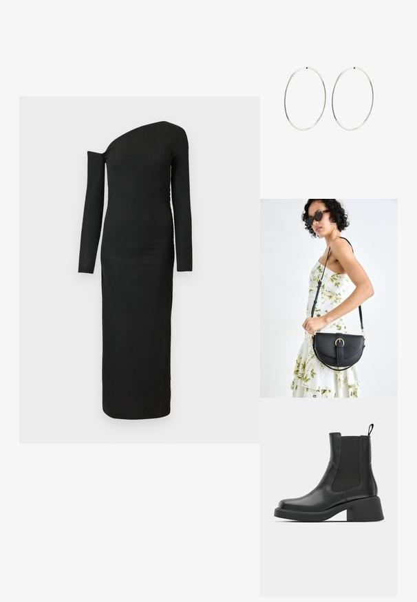 Juodas, kūną apglėbiantis, ilgomis rankovėmis su asimetriniu kaklu ir surinkta šono detale, pagamintas iš grioveliais audinio.; Juodos odinės kulkšninių botai su elastinėmis šoninėmis plokštėmis, apvaliu kojų pirštu ir masyviu blokiniu kulnu. Lygus paviršius su minimalistiniu dizainu.; Juodas odinis krepšys su išlenkta forma, nuimamu dirželiu ir auksiniais detalėmis. Krepšys turi kilpą su sagtimi.; Sidabriniai auskarai-žiedai su lygiu, apvaliu dizainu ir blizgiu paviršiumi. Jie yra ploni ir lengvi, turintys paprastą užsegimą.