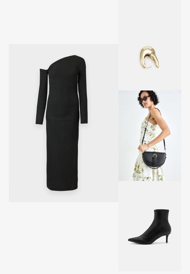 Black, form-fitting, long-sleeve dress with an asymmetric neckline and gathered side detail, made from ribbed fabric.; Black ankle boots made of smooth leather with a pointed toe and a short, thin heel. Features a seamless design and subtle stitching accents.; Black leather handbag with a curved shape, detachable strap, and gold hardware. The bag features a flap with a buckle detail.; Gold-tone metal earring with a sleek, curved design. Features a distinctive pointed shape, polished surface, and hinge closure.