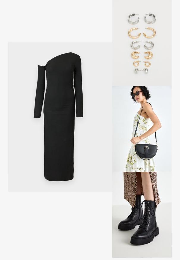 Black, form-fitting, long-sleeve dress with an asymmetric neckline and gathered side detail, made from ribbed fabric.; Black leather combat boots with thick rubber soles, lace-up front, and metallic eyelets. Textured leather and contrasting platform design.; Black leather handbag with a curved shape, detachable strap, and gold hardware. The bag features a flap with a buckle detail.; Set of eight metal earrings in silver and gold tones. Includes various hoop styles, textures, and finishes, arranged by size.