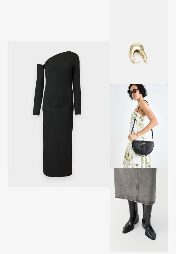 Melna, pieguļoša, garām piedurknēm kleita ar asimetrisku izgriezumu un saburzītu sānu detaļu, izgatavota no ribota auduma.; Melnas ādas kovboju zābaki ar norādītu purngalu un masīlu papēdi, ar gludu apdari un elegantu dizainu, saskaņoti ar pelēku svārku.; Melnas ādas rokassoma ar izliekta formu, noņemamu siksnu un zelta aksesuāriem. Somai ir vāciņš ar sprādzes detaļu.; Zeltīti metāla auskari ar gludu, izliekta dizaina. Ar atšķirīgu smailu formu, pulētu virsmu un eņģu aizdari.