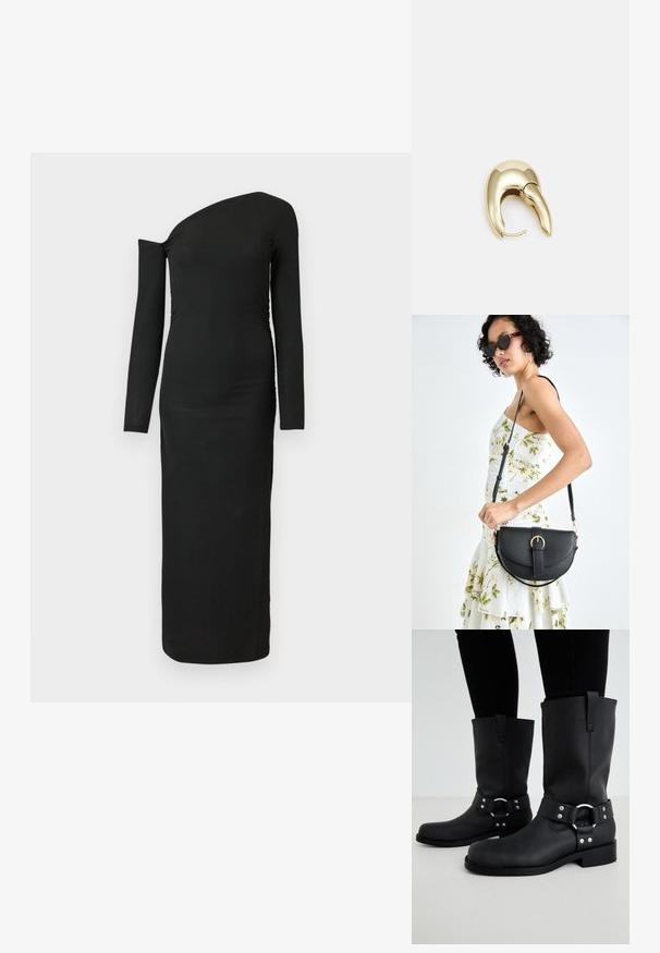 Black, form-fitting, long-sleeve dress with an asymmetric neckline and gathered side detail, made from ribbed fabric.; ONLY SHOES ONLBAX - Cowboy/Biker boots - black; Black leather handbag with a curved shape, detachable strap, and gold hardware. The bag features a flap with a buckle detail.; Gold-tone metal earring with a sleek, curved design. Features a distinctive pointed shape, polished surface, and hinge closure.