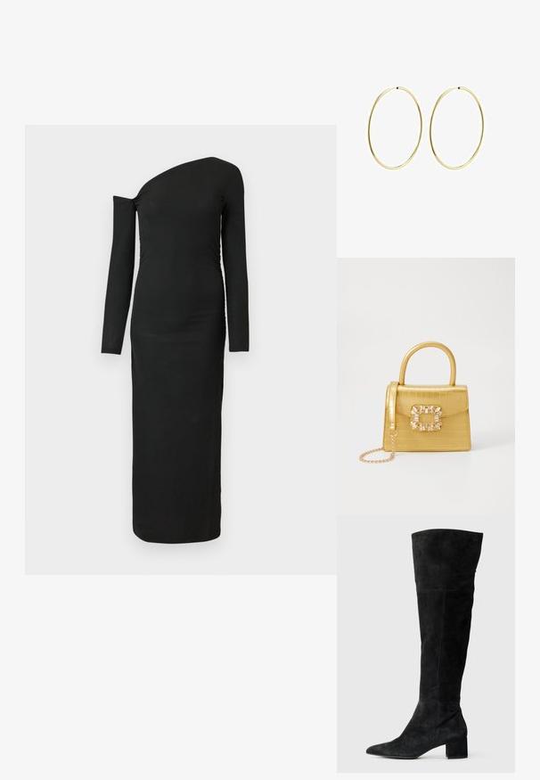 Crna, tijelu prianjajuća haljina dugih rukava s asimetričnim izrezom i nabranim detaljem sa strane, izrađena od rebraste tkanine.; Crne čizme preko koljena od brušene kože sa špicastim vrhom i blok petom. Glatka tekstura sa bočnim šavovima i uskim dizajnom.; Žuta torbica od umjetnog krokodila sa strukturiranim dizajnom, gornjom ručkom, odvojivim lančićem i dekorativnim kristalnim ukrasom na kopči.; Zlatne naušnice u obliku kružne petlje, s glatkim i zaobljenim dizajnom. Tanke su i lagane, s kontinuiranom petljom bez dodatnih ukrasa.