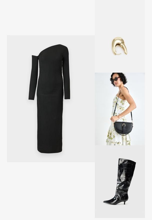 Black, form-fitting, long-sleeve dress with an asymmetric neckline and gathered side detail, made from ribbed fabric.; Black knee-high boots made of glossy croc-embossed material, featuring a pointed toe and a low kitten heel. Smooth texture with soft pleats.; Black leather handbag with a curved shape, detachable strap, and gold hardware. The bag features a flap with a buckle detail.; Gold-tone metal earring with a sleek, curved design. Features a distinctive pointed shape, polished surface, and hinge closure.