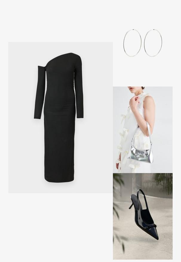 Abito nero attillato a maniche lunghe con scollatura asimmetrica e dettaglio arricciato sul lato, realizzato in tessuto a costine.; Slingback con tacco alto in pelle verniciata nera, con punta affusolata e fibbia decorativa, sospeso sopra un pavimento leggermente incrinato.; Borsa a mano metallica argento con forma strutturata, dotata di manico superiore e dettaglio a fiocco sulla parte frontale. Texture liscia e finitura riflettente.; Orecchini a cerchio in argento con un design rotondo e liscio e una finitura lucida. Sono sottili e leggeri, con una semplice chiusura a scatto.