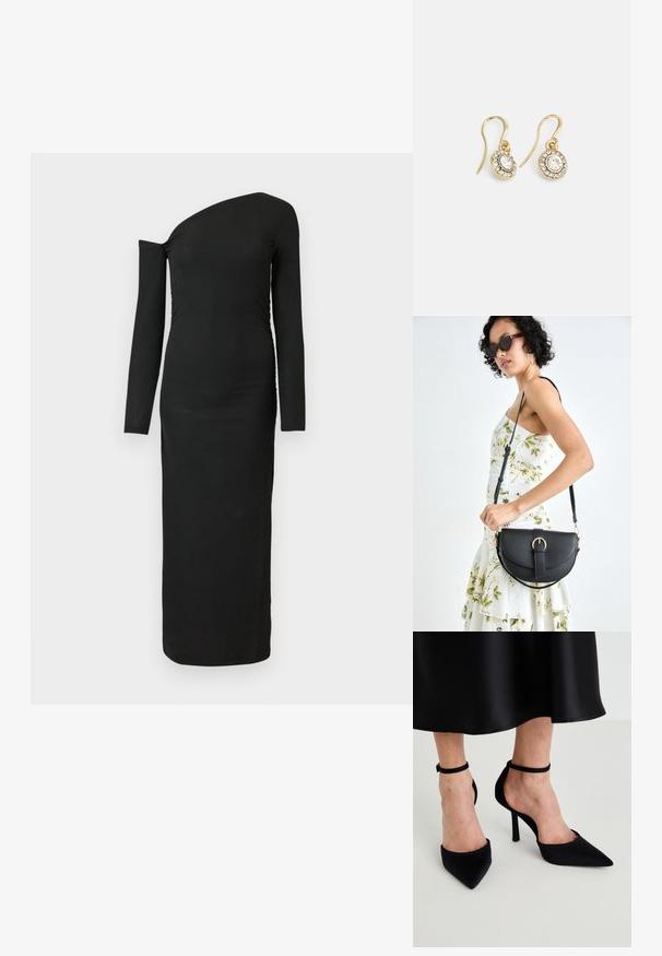 Černé, přiléhavé, dlouhé šaty s asymetrickým výstřihem a nabraným detailem na boku, vyrobené z ribbového materiálu.; Černé lodičky s špičatou špičkou vyrobené z hladké tkaniny se stiletto podpatkem a úzkým řemínkem kolem kotníku, s otevřeným bočním designem.; Černá kožená kabelka s křivkovým tvarem, odnímatelným popruhem a zlatými detaily. Kabelka má klopu s přezkou.; Náušnice ve zlatém tónu s oválnými průhlednými krystaly obklopenými menšími průhlednými kameny, se zapínáním na háček pro bezpečné nošení.