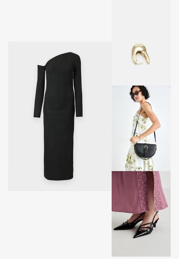 Černé, přiléhavé, dlouhé šaty s asymetrickým výstřihem a nabraným detailem na boku, vyrobené z ribbového materiálu.; Černé lakované kožené slingback podpatky s špičatými špičkami, zdobené několika tenkými řemínky a akcenty zlatého tónu přezky.; Černá kožená kabelka s křivkovým tvarem, odnímatelným popruhem a zlatými detaily. Kabelka má klopu s přezkou.; Náušnice ve zlatém tónu z kovu s elegantním zakřiveným designem. Vyznačují se jedinečným špičatým tvarem, lesklým povrchem a závěsem na kloub.