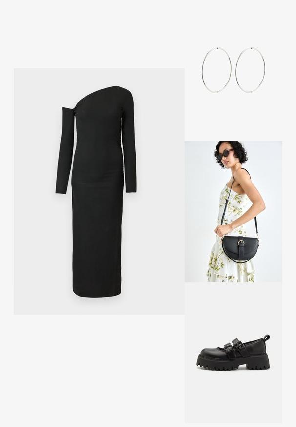 Juodas, kūną apglėbiantis, ilgomis rankovėmis su asimetriniu kaklu ir surinkta šono detale, pagamintas iš grioveliais audinio.; Juodi platforminiai batai su suapvalintu pirštu, keliais sagtelėmis ir tekstūruota, masyvia padanga. Pagaminti iš blizgaus sintetinės medžiagos.; Juodas odinis krepšys su išlenkta forma, nuimamu dirželiu ir auksiniais detalėmis. Krepšys turi kilpą su sagtimi.; Sidabriniai auskarai-žiedai su lygiu, apvaliu dizainu ir blizgiu paviršiumi. Jie yra ploni ir lengvi, turintys paprastą užsegimą.