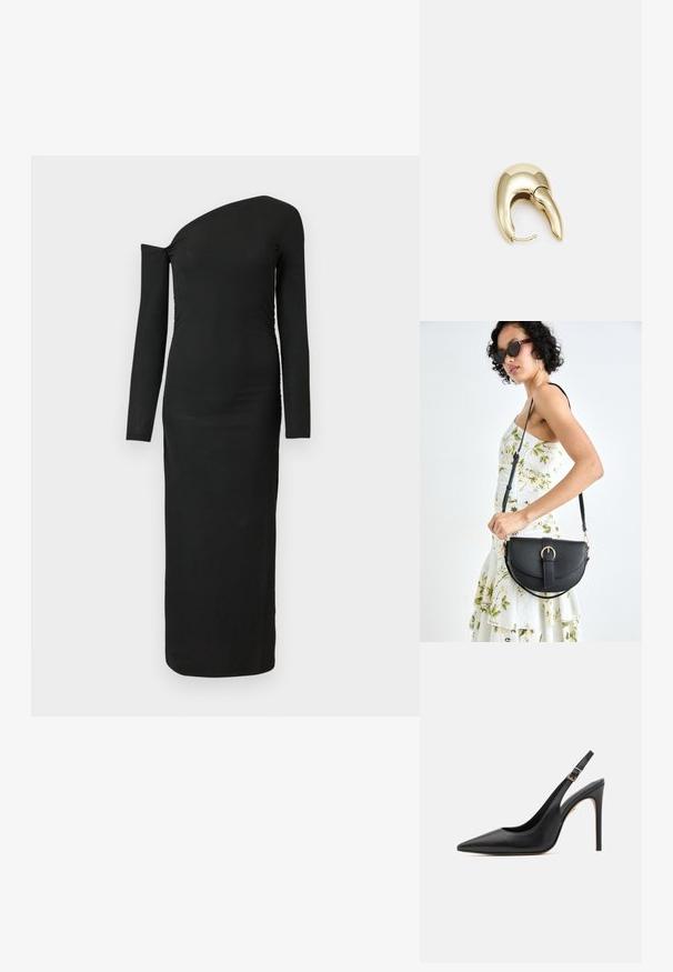 Abito nero attillato a maniche lunghe con scollatura asimmetrica e dettaglio arricciato sul lato, realizzato in tessuto a costine.; Scarpa con tacco alto in pelle nera, tipo slingback, con punta affilata, caratterizzata da un tacco sottile e una cinturino regolabile alla caviglia con fibbia dorata.; Borsa a tracolla nera in pelle con una forma curva, manico rimovibile e accessori dorati. La borsa presenta una patta con un dettaglio a fibbia.; Orecchino in metallo color oro con un design elegante e curvo. Presenta una forma appuntita distintiva, superficie lucida e chiusura a cerniera.