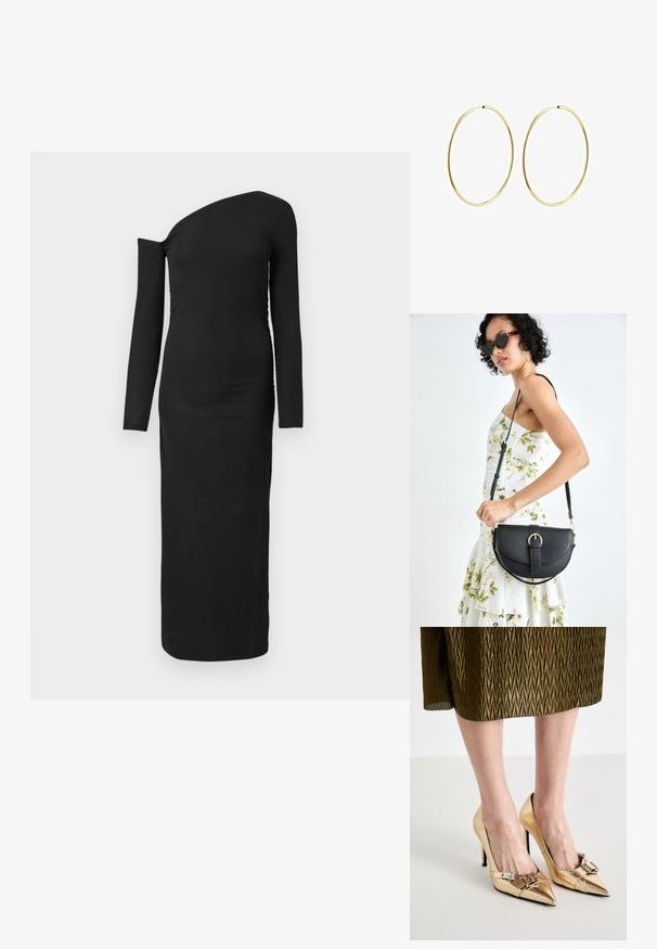 Crna, tijelu prianjajuća haljina dugih rukava s asimetričnim izrezom i nabranim detaljem sa strane, izrađena od rebraste tkanine.; Zlatne visoke potpetice s šiljastim vrhom, metalik završetkom, dekorativnom kopčom sprijeda i uskim štiklama.; Crna kožna torba s lukovitim oblikom, odvojivim remenom i zlatnim detaljima. Torba ima preklop s kopčom.; Zlatne naušnice u obliku kružne petlje, s glatkim i zaobljenim dizajnom. Tanke su i lagane, s kontinuiranom petljom bez dodatnih ukrasa.