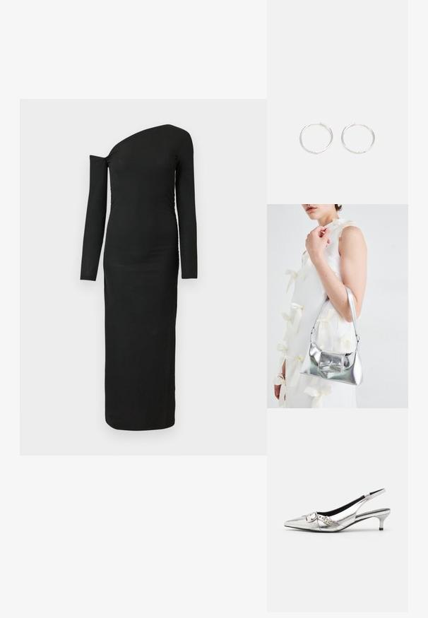 Mustern, keha kätkev, pika varrukaga kleit asümmeetrilise kaelusega ja kokkuvõetud külje detailiga, valmistatud ribakujulisest kangast.; RAID JESINTA - Klassikalised kontsakingad - silver; Hõbedane metallik käekott struktureeritud kujuga, millel on ülemine sang ja ettepoole suunatud paeladetail. Sile tekstuur, peegeldav viimistlus.; Hõbedased rõngaskõrvarõngad, millel on sujuv ja ümar disain, millel on sile pind ja nähtavad kaunistused puuduvad. Diameeter ei ole täpsustatud.