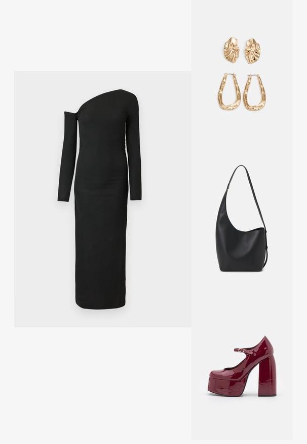 Robe noire, ajustée, à manches longues avec un décolleté asymétrique et un détail froncé sur le côté, réalisée en tissu côtelé.; Koi Footwear BITTER PLATFORM - Escarpins à plateforme - mauve; Sac hobo en cuir noir avec une texture lisse, une forme incurvée et une seule sangle réglable ; dispose d'une large ouverture en haut.; Boucles d'oreilles dorées présentant des formes texturées et ondulées. Comprend des clips sculpturaux et un design de créoles ouvertes avec une finition martelée.