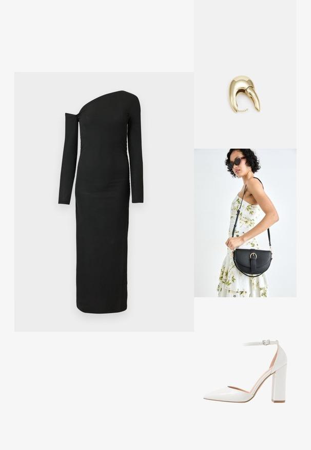 Crna, tijelu prianjajuća haljina dugih rukava s asimetričnim izrezom i nabranim detaljem sa strane, izrađena od rebraste tkanine.; Bijele lakirane kožne cipele na visoku petu s otvorenom stranom, špicastim nosom, remenom oko gležnja sa kopčom i debelim blok petama.; Crna kožna torba s lukovitim oblikom, odvojivim remenom i zlatnim detaljima. Torba ima preklop s kopčom.; Zlatne metalne naušnice s elegantnim, zakrivljenim dizajnom. Imaju karakterističan šiljast oblik, poliranu površinu i zatvaranje na šarku.