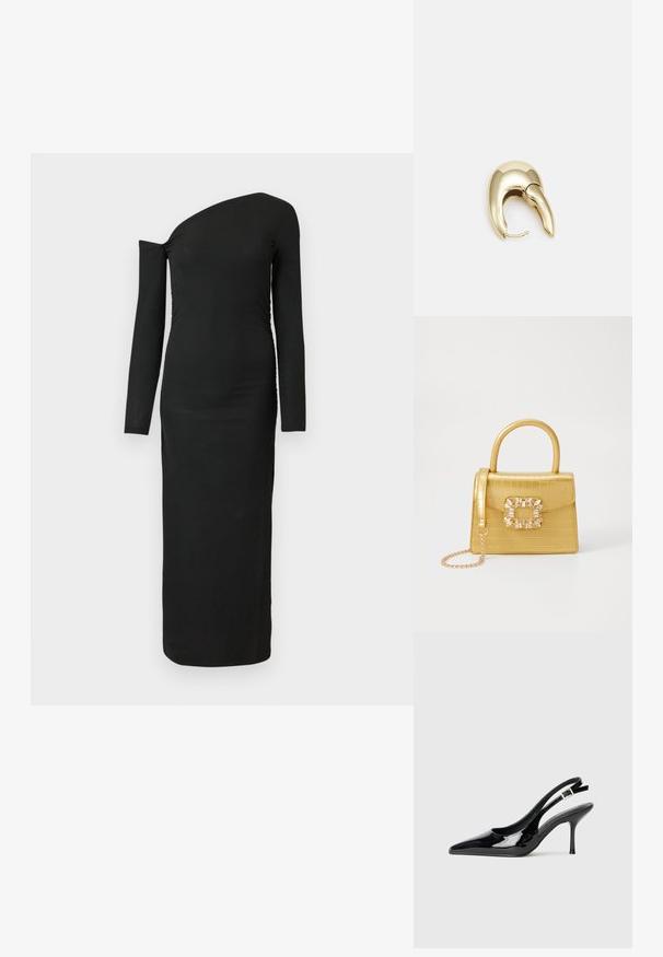 Svart, tettsittende langermet kjole med asymmetrisk halslinje og samlet sidetilbehør, laget av ribbet stoff.; Sorte lakk pelle slingback pumpe med spiss tå og slank hæl. Har en justerbar spennestropp bak. Jevn tekstur.; Gul faux-krokodille veske med en strukturert design, toppen håndtak, avtagbar kjede stropp, og dekorativ krystallbortsettelse på låsen.; Gullfarget metalløredobber med et elegant, buet design. Har en karakteristisk spiss form, polert overflate og hengsel-lukking.
