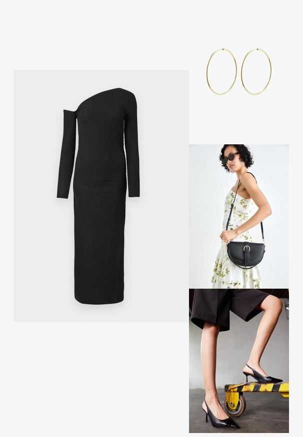 Mustern, keha kätkev, pika varrukaga kleit asümmeetrilise kaelusega ja kokkuvõetud külje detailiga, valmistatud ribakujulisest kangast.; Mustad seljaosa kingad terava varbaga, millel on läikiv patendist kappa. Stiletto kontsad, sile nahadisain ja minimalistlik siluett.; Mustmust mustraha kõverate joontega, eemaldatava rihmaga ja kuldsete detailidega. Kotil on klapp, millel on pandladetail.; Kuldsest rõngastest kõrvarõngad sileda, ümarate joontega. Õhukesed ja kerged, koosnevad pidevast ringsest kujundist ilma kaunistusteta.