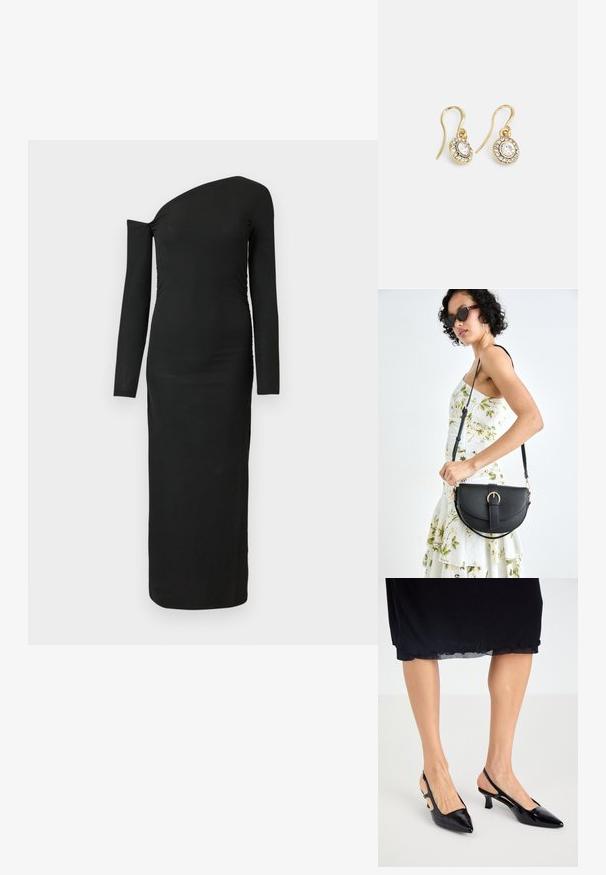 Black, form-fitting, long-sleeve dress with an asymmetric neckline and gathered side detail, made from ribbed fabric.; Black patent leather slingback heels with a pointed toe, kitten heel, and cut-out detail on the sides. Smooth texture with glossy finish.; Black leather handbag with a curved shape, detachable strap, and gold hardware. The bag features a flap with a buckle detail.; Gold-tone earrings with oval-shaped clear crystals surrounded by smaller clear stones, featuring a hook design for secure wear.