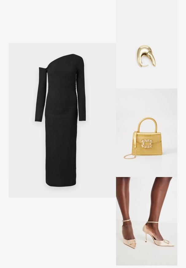 Black, form-fitting, long-sleeve dress with an asymmetric neckline and gathered side detail, made from ribbed fabric.; Beige satin high-heeled shoes with pointed toes, featuring a jeweled buckle detail and ankle strap. Glossy stiletto heels.; Yellow faux-crocodile handbag with a structured design, top handle, detachable chain strap, and decorative crystal embellishment on the clasp.; Gold-tone metal earring with a sleek, curved design. Features a distinctive pointed shape, polished surface, and hinge closure.