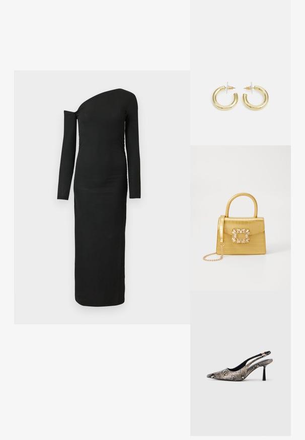 Vestido preto, ajustado ao corpo, de mangas longas com decote assimétrico e detalhe plissado lateral, feito de tecido canelado.; Sapatos slingback de bico fino feitos de material texturizado com padrão de cobra, apresentando um salto preto esguio e um design recortado nas laterais.; Bolsa amarela em pele de crocodilo falsa, com um design estruturado, pega no topo, alça de corrente removível e decoração de cristal no fecho.; Brincos em argola dourados com um acabamento liso e brilhante. Design circular com um pequeno pino e suporte transparente para um uso seguro.