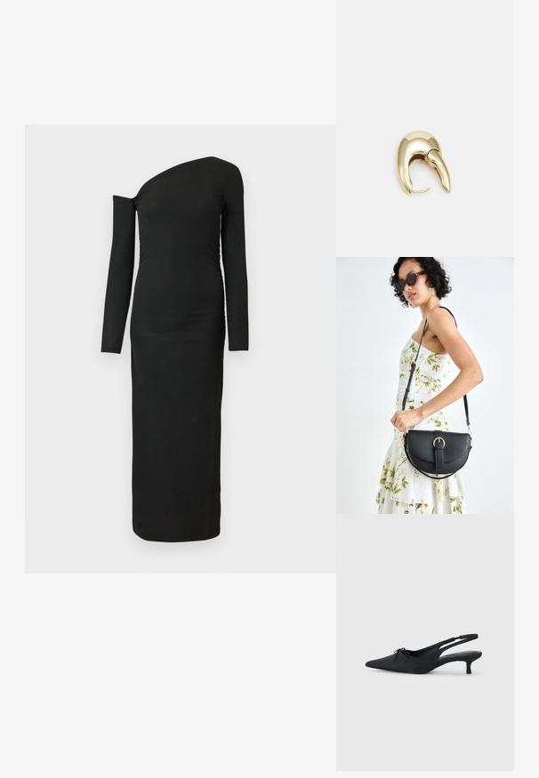 Robe noire, ajustée, à manches longues avec un décolleté asymétrique et un détail froncé sur le côté, réalisée en tissu côtelé.; Talons slingback noirs avec un bout pointu, tissu texturé, un petit nœud à l'avant et un talon aiguille modéré.; Sac à main en cuir noir avec une forme courbée, bandoulière amovible et des accessoires en or. Le sac est doté d'un rabat avec un détail de boucle.; Boucle d'oreille en métal doré avec un design élégant et courbé. Présente une forme conique distinctive, une surface polie et une fermeture à charnière.