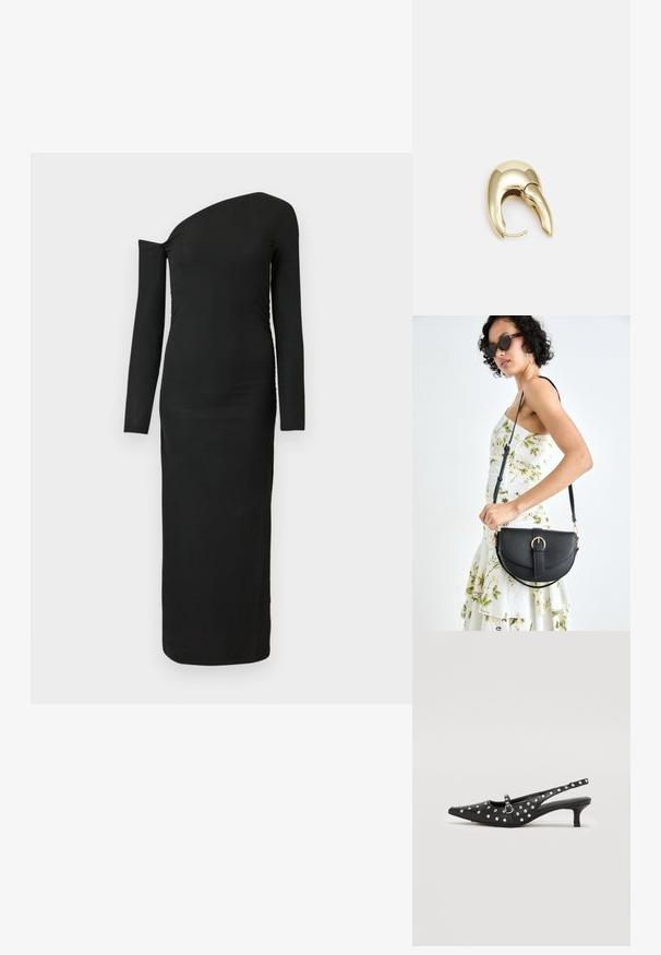 Črna, oprijeta, dolgah rokavih obleka z asimetričnim izrezom in nabranimi stranskimi detajli, izdelana iz rebraste tkanine.; Črne slingback čevlje s koničastim nosom, okrašene s srebrnimi žebljički, z nizko peto in detajlom s sponko.; Črna usnjena torbica s ukrivljeno obliko, z odstranljivo naramnico in zlatimi dodatki. Torbica ima pokrov s podrobnostmi v obliki zaponke.; Uhane nakit iz zlatastega tona z gladko, ukrivljeno zasnovo. Ima edinstveno koničasto obliko, polirano površino in zaponko s tečajem.