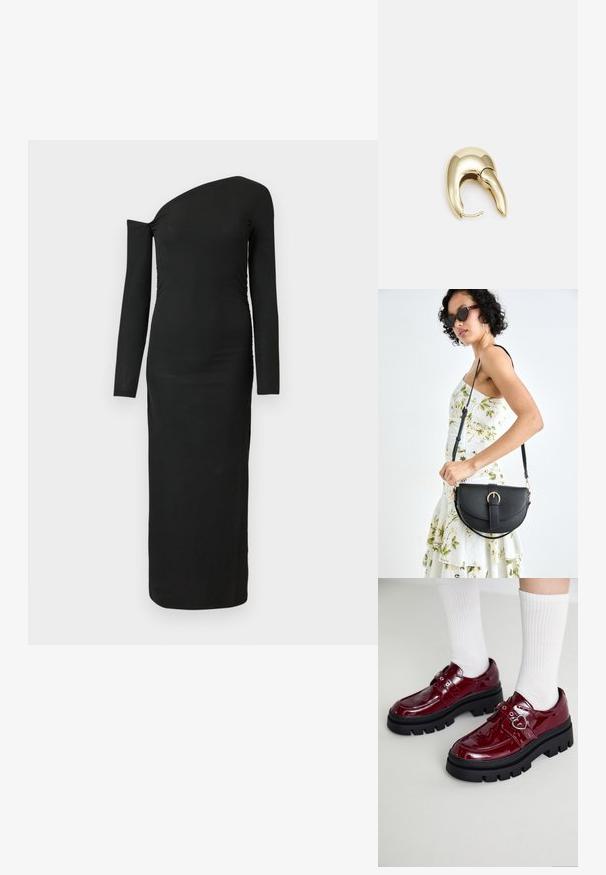 Czarna, dopasowana, długa sukienka z długim rękawem, o asymetrycznym dekolcie i marszczonym detalu z boku, wykonana z prążkowanej tkaniny.; Bordowe lakierowane buty na grubych czarnych podeszwach, z podwójnym paskiem z sercem i prążkowymi białymi skarpetami. Retro design z grubą powierzchnią. ; Czarna skórzana torebka o zakrzywionym kształcie, z odpinanym paskiem i złotymi akcentami. Torebka posiada klapę z zapięciem w kształcie klamry.; Złote metalowe kolczyki o eleganckim, zakrzywionym kształcie. Posiadają charakterystyczny szpiczasty kształt, polerowaną powierzchnię oraz zapięcie na zawias.