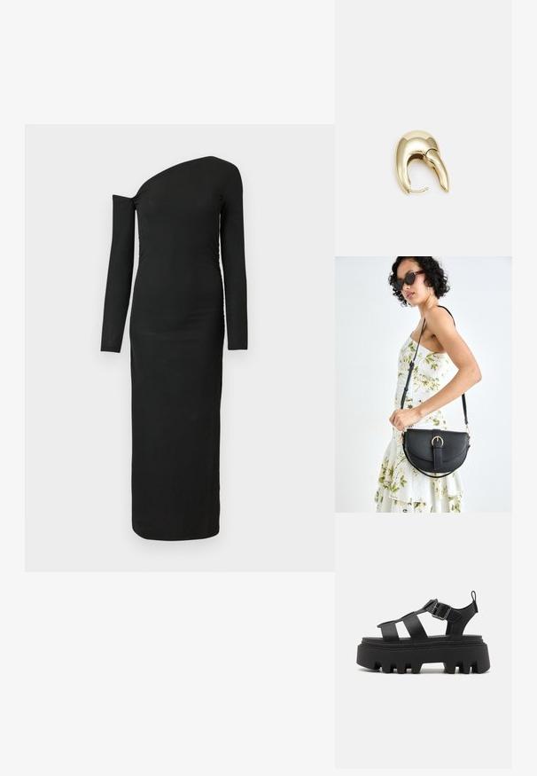 Svart, tettsittende langermet kjole med asymmetrisk halslinje og samlet sidetilbehør, laget av ribbet stoff.; Sorte platformsandaler med tykke, rillede såler, med flere strappedesign og en sidespenne for justerbar passform.; Svart lærveske med en buet form, avtagbar stropp og gullbeslag. Vesken har et klaff med spenne-detall.; Gullfarget metalløredobber med et elegant, buet design. Har en karakteristisk spiss form, polert overflate og hengsel-lukking.