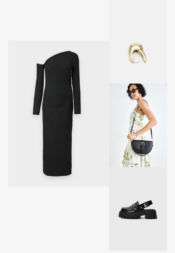 Black, form-fitting, long-sleeve dress with an asymmetric neckline and gathered side detail, made from ribbed fabric.; Black platform sandals made of shiny leather, featuring a buckle strap and textured thick sole with pronounced ridges.; Black leather handbag with a curved shape, detachable strap, and gold hardware. The bag features a flap with a buckle detail.; Gold-tone metal earring with a sleek, curved design. Features a distinctive pointed shape, polished surface, and hinge closure.