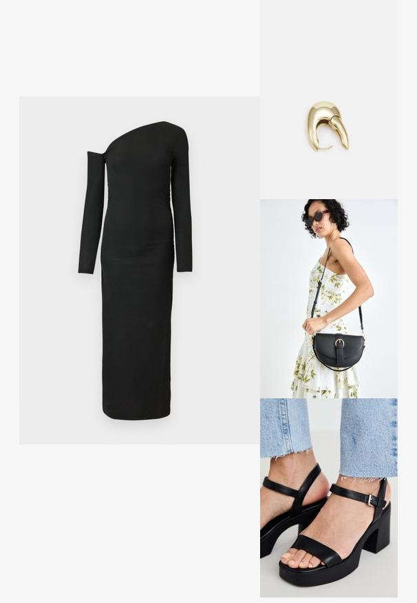 Black, form-fitting, long-sleeve dress with an asymmetric neckline and gathered side detail, made from ribbed fabric.; ALDO CELIE - High heeled sandals - black; Black leather handbag with a curved shape, detachable strap, and gold hardware. The bag features a flap with a buckle detail.; Gold-tone metal earring with a sleek, curved design. Features a distinctive pointed shape, polished surface, and hinge closure.
