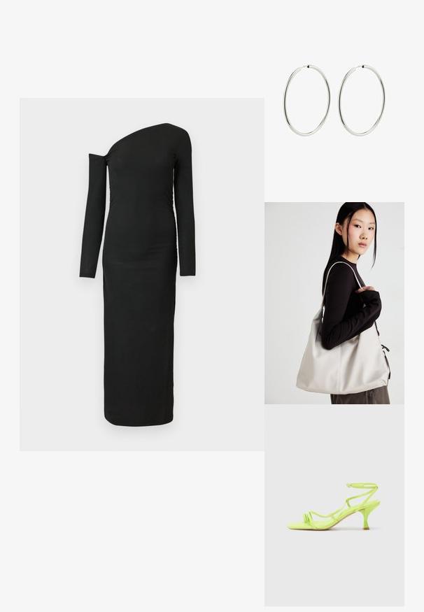 Zwarte, nauwsluitende, lange mouw jurk met een asymmetrische halslijn en geplooide zijdetail, gemaakt van ribbelstof.; Neon groene hoge hak sandaal met een vierkante neus, dunne bandjes, enkelgesp en een gebogen hak. Gladde stof met een glanzende afwerking.; Beige handtas gemaakt van zacht materiaal, met een slonzig ontwerp, gestikte details en twee schouderbanden. Geschikt voor dagelijks gebruik.; Zilveren ringoorbellen met een gladde, gepolijste afwerking. Cirkelvormig, met een constante breedte, ontworpen voor gemakkelijke sluiting. Eenvoudig en elegant.