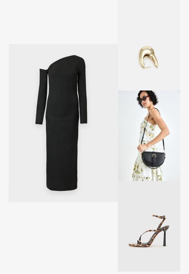 Robe noire, ajustée, à manches longues avec un décolleté asymétrique et un détail froncé sur le côté, réalisée en tissu côtelé.; Sandales à talons hauts à lanières avec un bout carré, arborant un motif léopard dans des nuances de marron et de noir sur une finition brillante.; Sac à main en cuir noir avec une forme courbée, bandoulière amovible et des accessoires en or. Le sac est doté d'un rabat avec un détail de boucle.; Boucle d'oreille en métal doré avec un design élégant et courbé. Présente une forme conique distinctive, une surface polie et une fermeture à charnière.