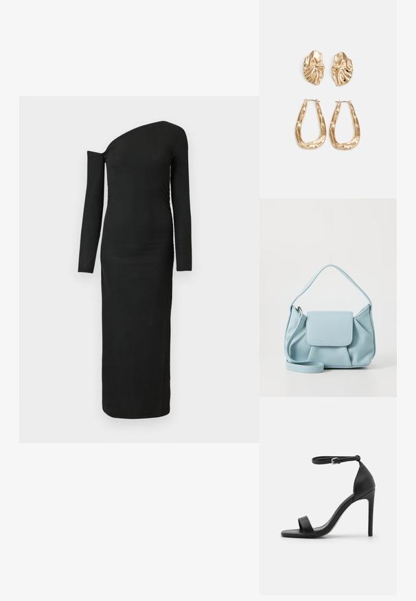 Vestido preto, ajustado ao corpo, de mangas longas com decote assimétrico e detalhe plissado lateral, feito de tecido canelado.; Sandália de salto alto preta com um design elegante, apresentando uma tira no tornozelo, biqueira aberta e textura de couro lisinha.; Bolsa de mão de couro azul claro com alça superior, bolso frontal com aba e alça de pulso destacável, em fundo branco.; Brincos em tom de ouro com formas onduladas e texturizadas. Inclui studs escultóricos com presilha e um design de argola aberta com um acabamento martelado.