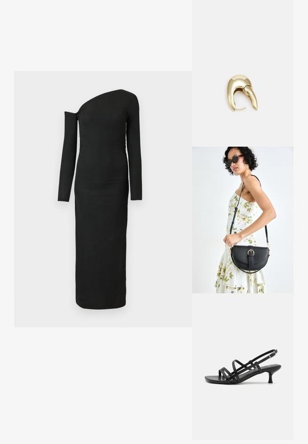 Musta, vartalonmyötäinen, pitkähihainen mekko, jossa on epäsymmetrinen kaula-aukko ja rypytetty sivusauma, valmistettu ribbikankaasta.; Musta korkeakorkoiset sandaalit, joissa on useita ristikko-nauhoja. Sileä materiaali, teräväkärkinen malli ja kapea korko. Säädettävä nilkkahihna soljella.; Musta nahkainen käsilaukku, joka on kaareva muotoilultaan, irrotettavalla hihnalla ja kultaisilla yksityiskohdilla. Laukussa on läppä, jossa on solk yksityiskohta.; Kultahipuinen korvakoru, jossa on sulavalinjainen, kaareva muotoilu. Ominaisuuksiin kuuluu erottuva terävä muoto, kiillotettu pinta ja sarana kiinnitys.