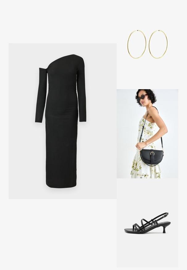 Juodas, kūną apglėbiantis, ilgomis rankovėmis su asimetriniu kaklu ir surinkta šono detale, pagamintas iš grioveliais audinio.; Juodos aukštakulnės šlepetės su keliais perrištomis juostelėmis. Lygi medžiaga, smailas nosis ir siauras kulnas. Reguliuojama kulkšnies juostelė su sagtimi.; Juodas odinis krepšys su išlenkta forma, nuimamu dirželiu ir auksiniais detalėmis. Krepšys turi kilpą su sagtimi.; Aukso žiediniai auskarai su lygiu, suapvalintu dizainu. Ploni ir lengvi, su nuolatiniu kilpeliu be jokio papuošimo.