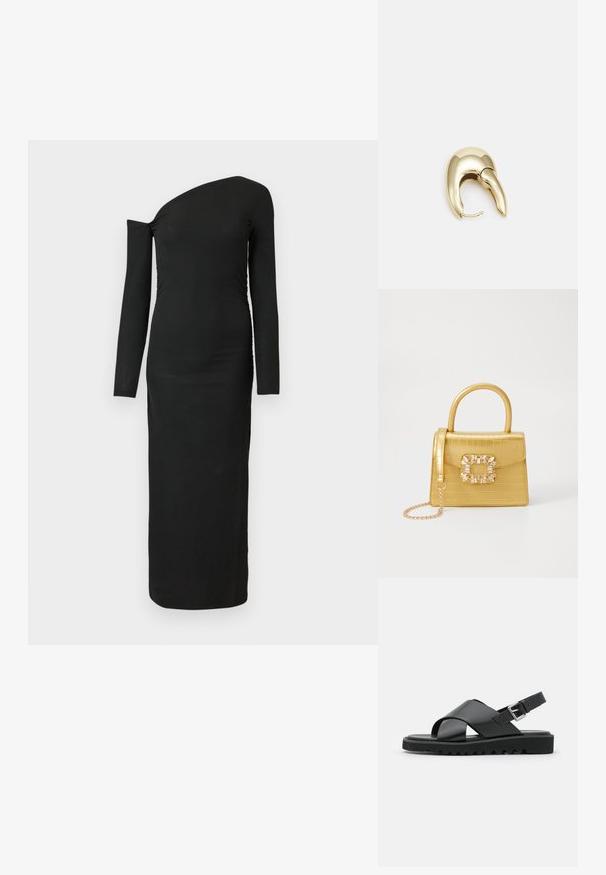 Black, form-fitting, long-sleeve dress with an asymmetric neckline and gathered side detail, made from ribbed fabric.; Black leather sandals featuring a cross-strap design, adjustable buckle, and textured sole with ridges for grip.; Yellow faux-crocodile handbag with a structured design, top handle, detachable chain strap, and decorative crystal embellishment on the clasp.; Gold-tone metal earring with a sleek, curved design. Features a distinctive pointed shape, polished surface, and hinge closure.