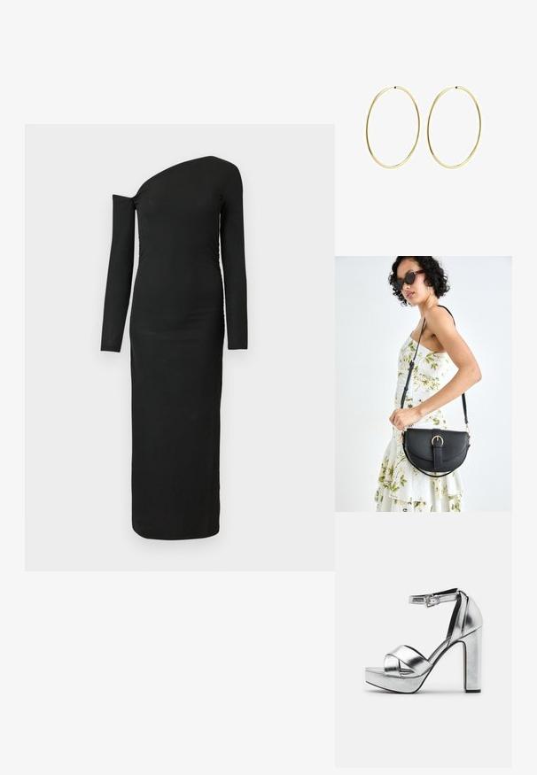 Czarna, dopasowana, długa sukienka z długim rękawem, o asymetrycznym dekolcie i marszczonym detalu z boku, wykonana z prążkowanej tkaniny.; Srebrne metaliczne sandały na platformie z wysokim blokowym obcasem, z krzyżującym się paskiem i regulowanym paskiem na kostce.; Czarna skórzana torebka o zakrzywionym kształcie, z odpinanym paskiem i złotymi akcentami. Torebka posiada klapę z zapięciem w kształcie klamry.; Złote kolczyki w kształcie obręczy o gładkim, zaokrąglonym wzorze. Cienkie i lekkie, z ciągłą pętlą, bez żadnych ozdób.
