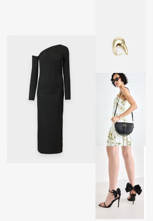 Svart, kroppsnära långärmad klänning med asymmetrisk halsringning och samlad detalj i sidan, tillverkad av ribbat tyg.; Simmi London ELYNA - Sandaler - black; Svart läderhandväska med en böjd form, avtagbar rem och guldiga detaljer. Väskan har ett lock med en spänndetalj.; Örhänge i guldtonad metall med en elegant, böjd design. Har en distinkt spetsig form, polerad yta och gångjärnslås.