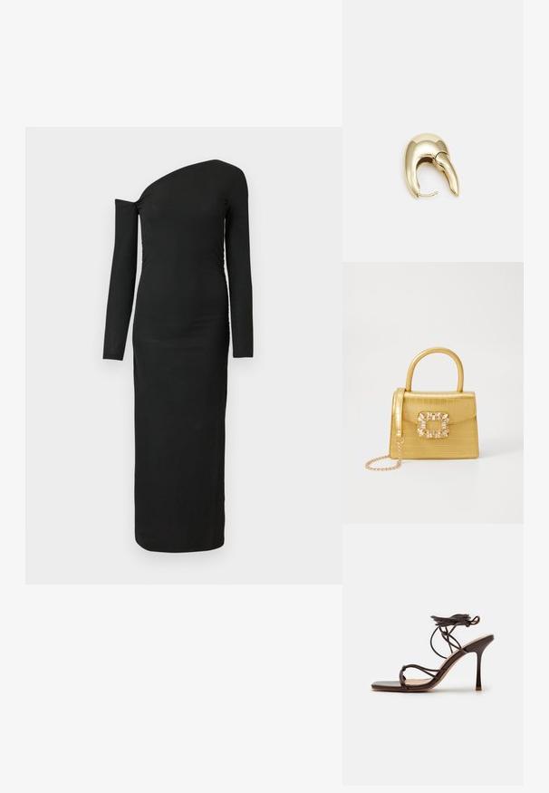 Black, form-fitting, long-sleeve dress with an asymmetric neckline and gathered side detail, made from ribbed fabric.; Simmi London MACIA - High heeled sandals - chocolate; Yellow faux-crocodile handbag with a structured design, top handle, detachable chain strap, and decorative crystal embellishment on the clasp.; Yellow faux-crocodile handbag with a structured design, top handle, detachable chain strap, and decorative crystal embellishment on the clasp.; Yellow faux-crocodile handbag with a structured design, top handle, detachable chain strap, and decorative crystal embellishment on the clasp.; Gold-tone metal earring with a sleek, curved design. Features a distinctive pointed shape, polished surface, and hinge closure.
