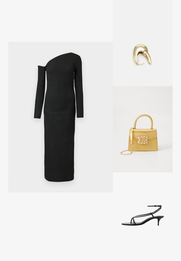 Black, form-fitting, long-sleeve dress with an asymmetric neckline and gathered side detail, made from ribbed fabric.; Black heeled sandals featuring slender straps, a minimalist design, pointed toe, and a small stiletto heel. Smooth leather texture.; Yellow faux-crocodile handbag with a structured design, top handle, detachable chain strap, and decorative crystal embellishment on the clasp.; Gold-tone metal earring with a sleek, curved design. Features a distinctive pointed shape, polished surface, and hinge closure.