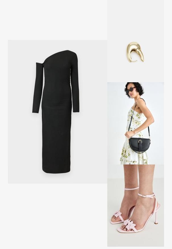 Juodas, kūną apglėbiantis, ilgomis rankovėmis su asimetriniu kaklu ir surinkta šono detale, pagamintas iš grioveliais audinio.; Rožiniai aukštakulniai sandalai su gėlių aplikacijomis, plona kulkšnies juosta ir atvira nosimi. Lygus paviršius ir smailas nosies forma.; Juodas odinis krepšys su išlenkta forma, nuimamu dirželiu ir auksiniais detalėmis. Krepšys turi kilpą su sagtimi.; Aukso tono metalinės auskarai su stilingu, kreiviu dizainu. Išsiskiria ryškiu smailiu pavidalu, poliruota paviršiumi ir užsegimu su vyriu.