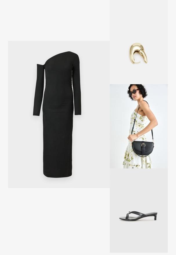 Robe noire, ajustée, à manches longues avec un décolleté asymétrique et un détail froncé sur le côté, réalisée en tissu côtelé.; Sandales noires à talons avec un design à lanières croisées en matériau synthétique lisse. Présentent un talon carré bas et un accent décoratif à la jonction des lanières.; Sac à main en cuir noir avec une forme courbée, bandoulière amovible et des accessoires en or. Le sac est doté d'un rabat avec un détail de boucle.; Boucle d'oreille en métal doré avec un design élégant et courbé. Présente une forme conique distinctive, une surface polie et une fermeture à charnière.